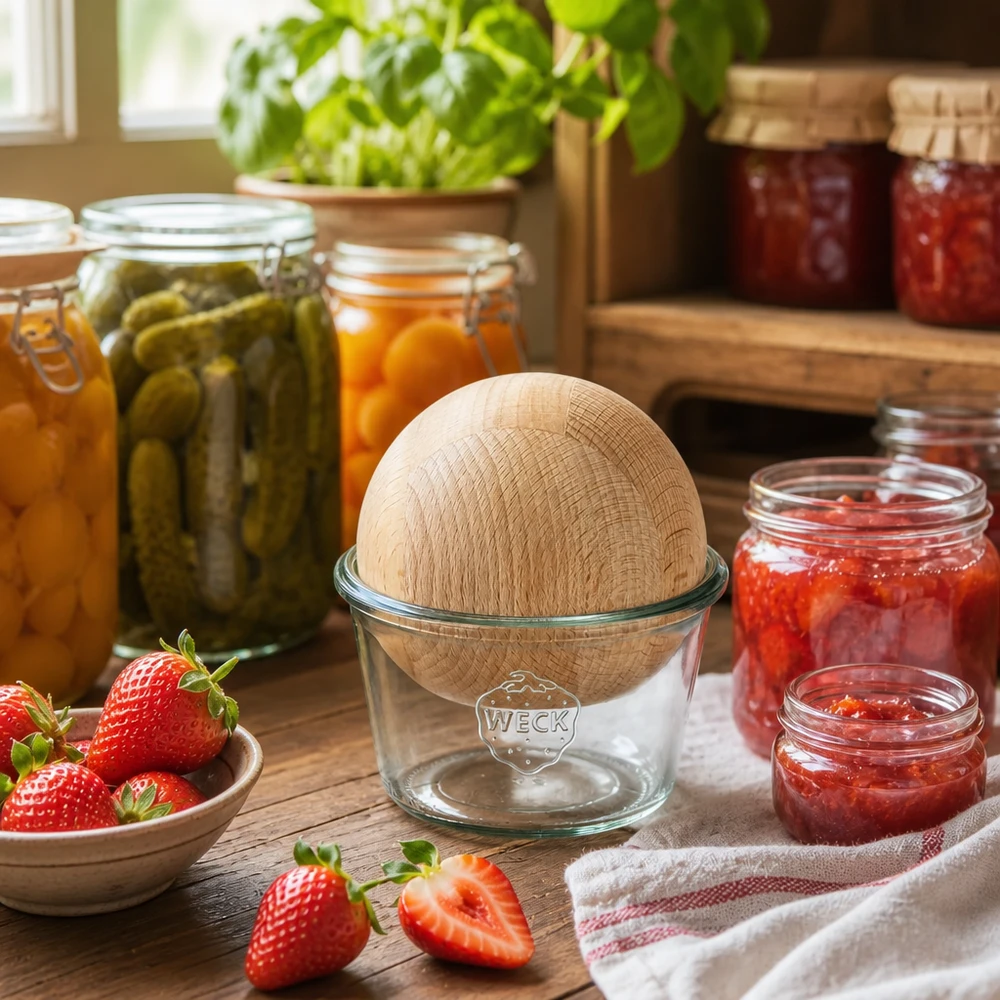 Vaso per conserve WECK 370ml RR100 in una cucina rustica con marmellate fatte in casa e verdure sott'aceto