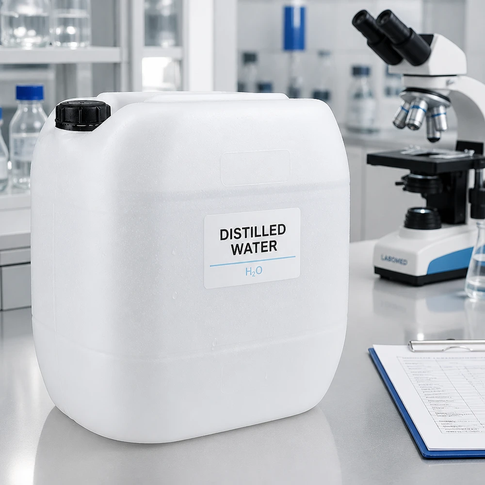 Tanica 30 litri con tappo a vite OV Acqua distillata H₂O in taniche da 30 litri con tappo a vite in laboratorio