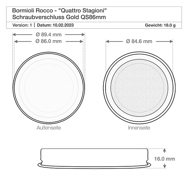 Bicchieri "Quattro Stagioni" da 200 ml con coperchio Disegno tecnico Coperchio Bormioli Rocco Quattro Stagioni QS86mm con dimensioni Diametro 89,4mm Peso 18g
