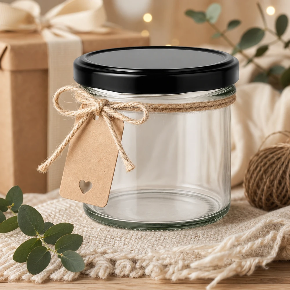 Bicchieri da 125 ml con coperchio BasicSeal nero UNiTWIST. Bicchieri da 125 ml con coperchio nero come idea regalo, decorati con cordino di iuta e ciondolo a cuore rustico