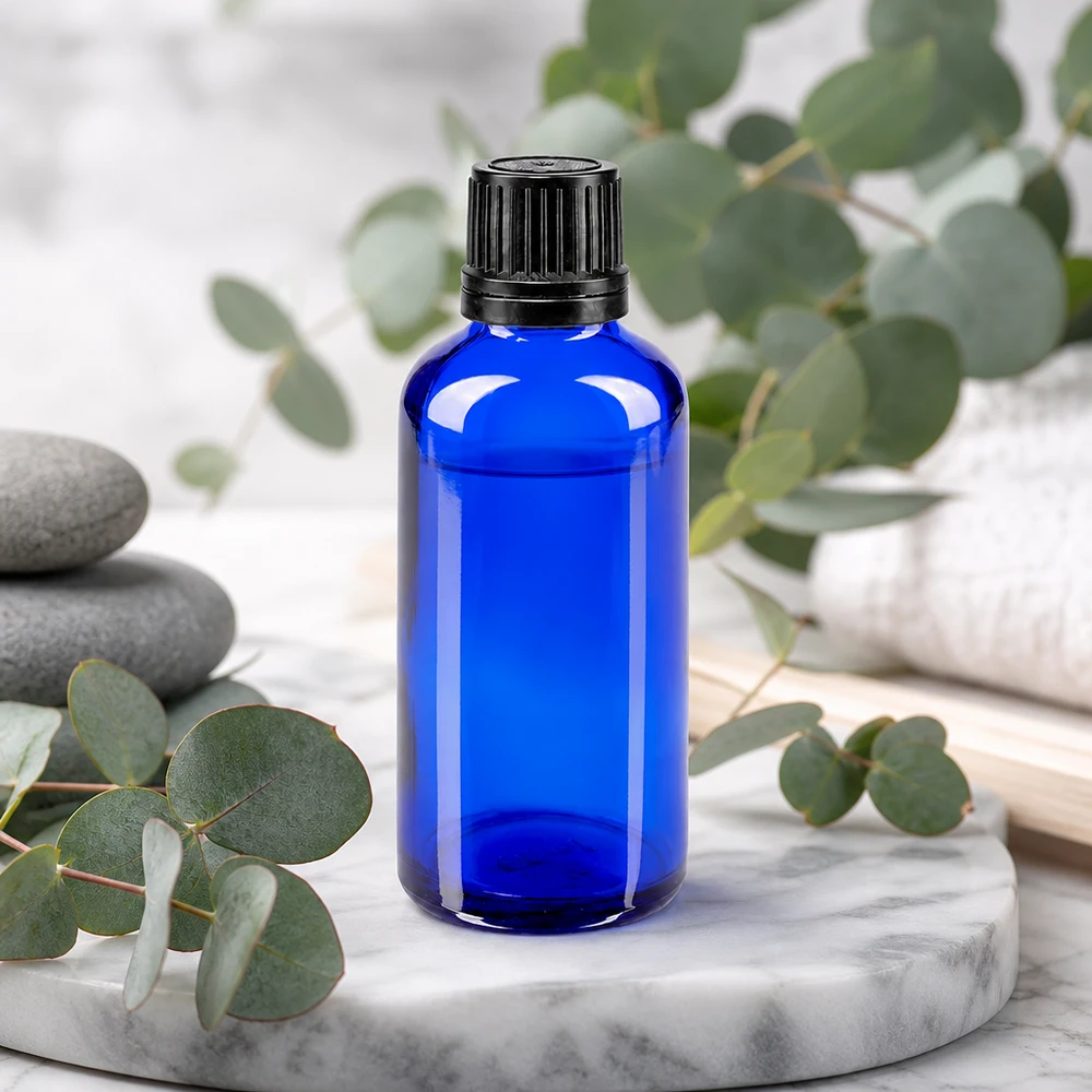 Flacone 50ml blu (Glo.)GR OV nero/8mm ApoGlas Flacone da farmacia da 50 ml blu cobalto con tappo OV nero su sfondo marmorizzato con motivo di eucalipto