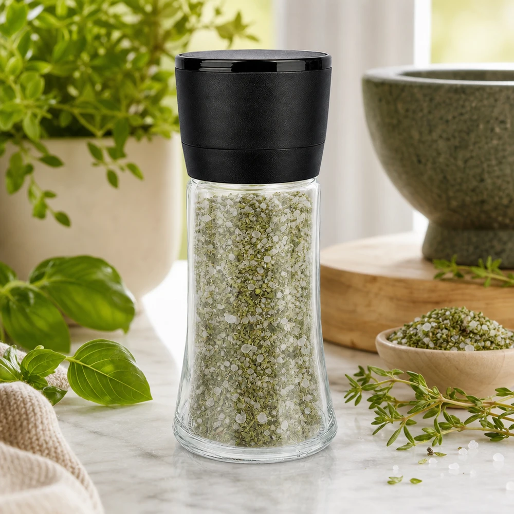 Macina sale alle erbe da 95 ml con macina nera Vario su base in marmo bianco con erbe fresche