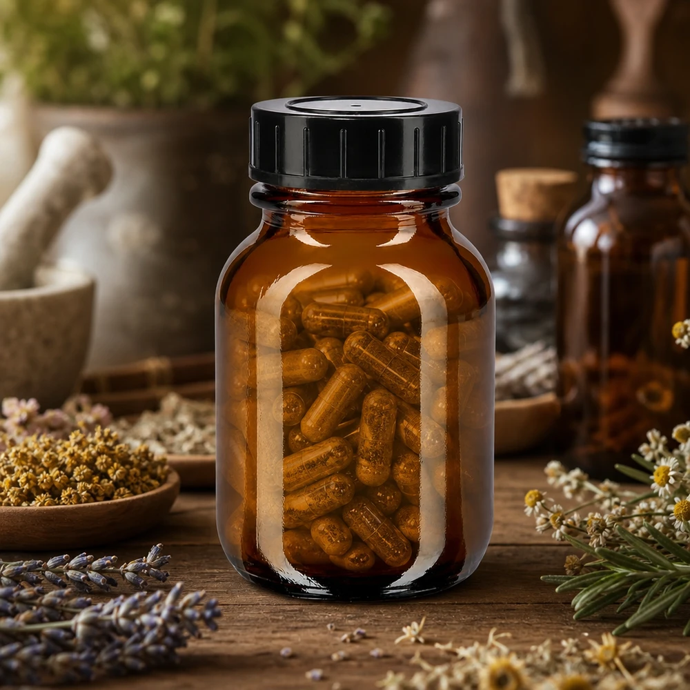 Bottiglia a collo largo da 50ml in vetro ambrato con tappo a vite Bottiglia marrone a collo largo da 50 ml con tappo a vite ideale per capsule e integratori alimentari