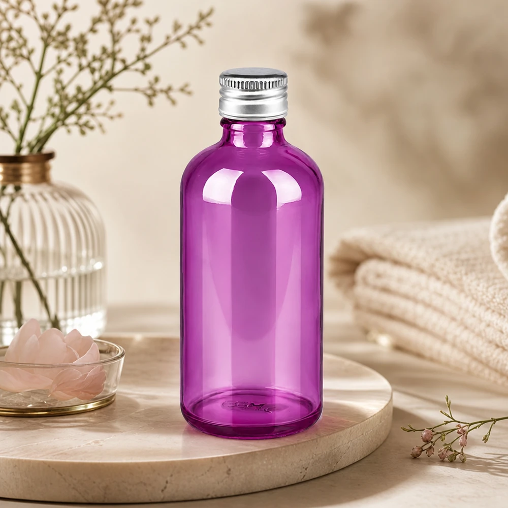Bottiglia da 100 ml. Tappo a vite da 11 mm alluminio-argento standard PurpleLine. UT18/100 Flacone in vetro per farmacisti da 100 ml in viola con tappo a vite per uso professionale