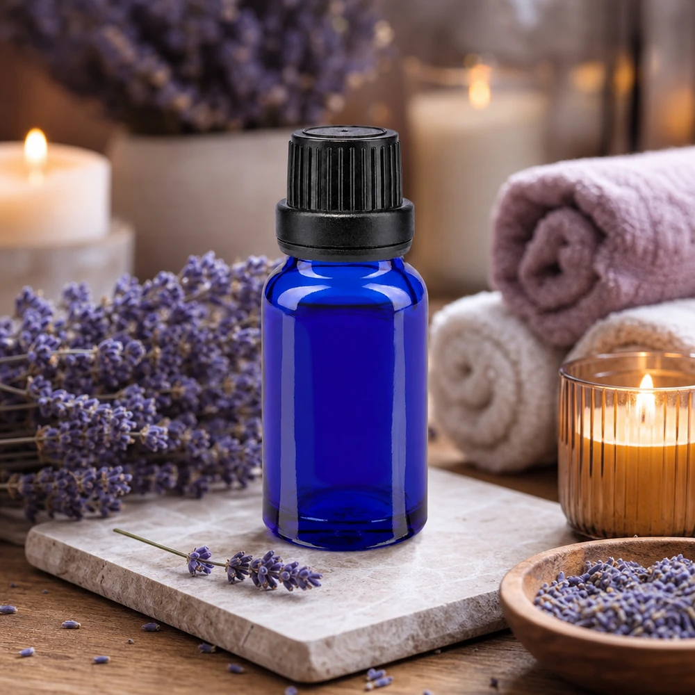 Flacone contagocce blu da 10 ml in vetro da farmacia con tappo OV nero per oli essenziali