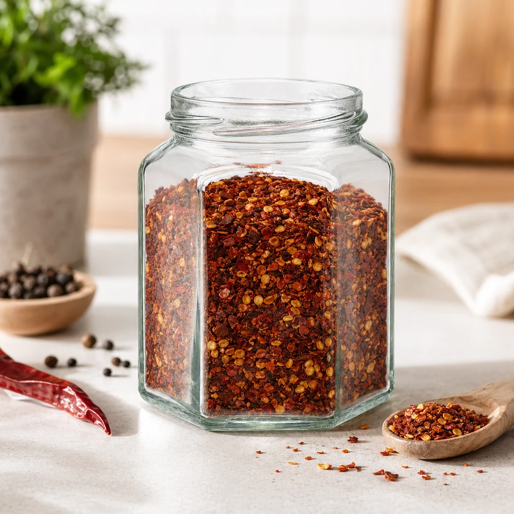 UNiTWIST Hexa288 - Vaso a 6 angoli capacità 288ml TO63 UNiTWIST Hexa288 vaso di vetro esagonale da 288 ml riempito con fiocchi di peperoncino in cucina moderna