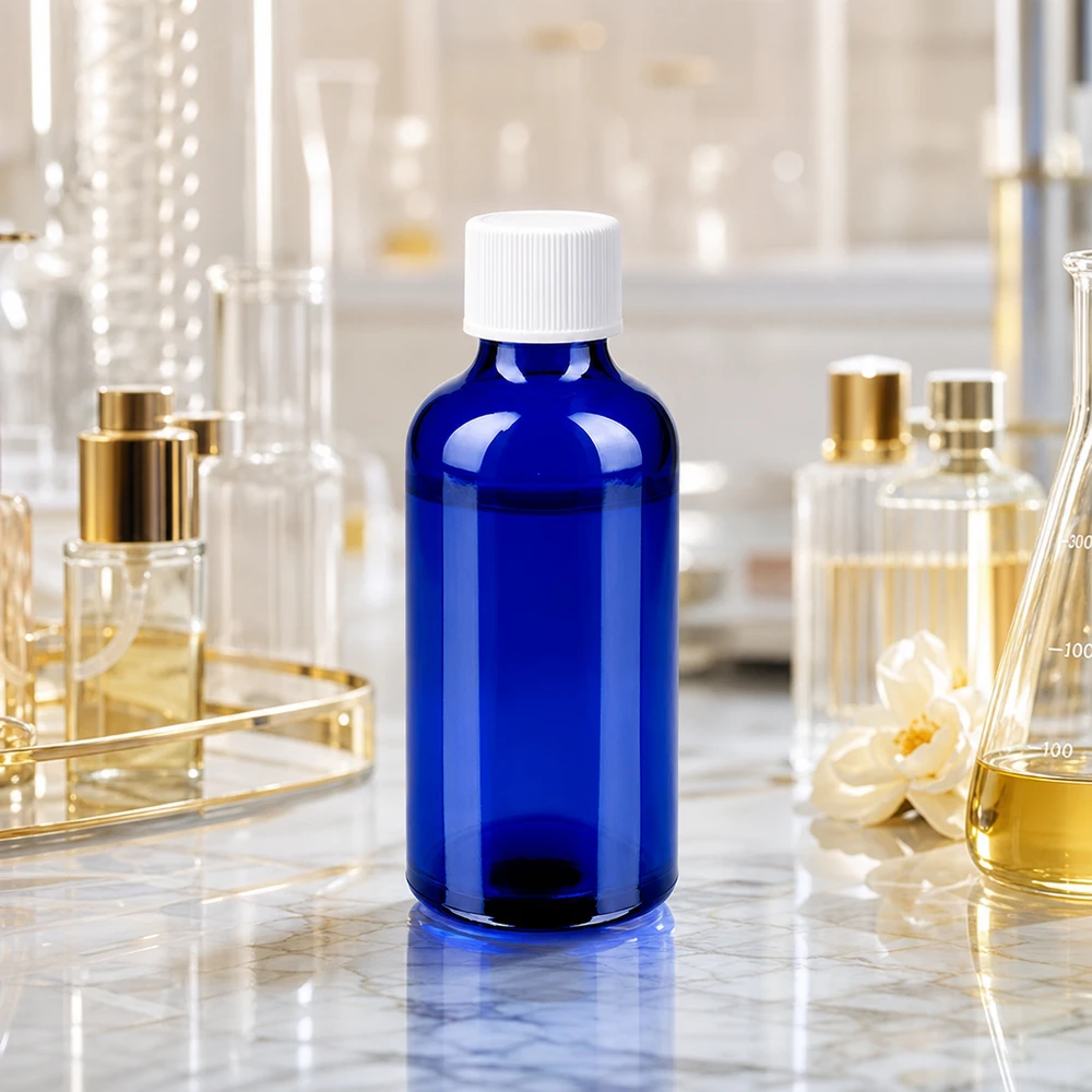 Flacone da 50ml 11mm SV bianco STD BlueLine UT18/50 Elegante flacone in vetro blu cobalto da 50 ml con tappo bianco opaco per applicazioni cosmetiche
