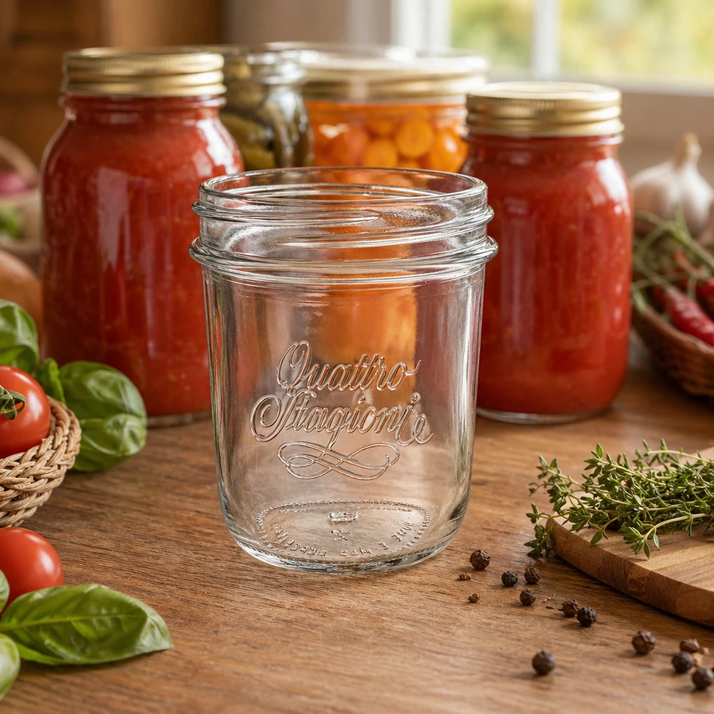 Bicchieri "Quattro Stagioni" da 320 ml QS86mm Bicchieri Quattro Stagioni da 320 ml con filetto QS86mm su un tavolo di legno davanti a vasi da conserva con pomodori ed erbe aromatiche