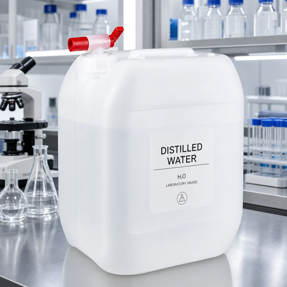 Tanica da 10 litri con rubinetto di scarico Tanica da laboratorio da 10 litri con rubinetto di scarico rosso, piena di acqua distillata, su un tavolo in acciaio inossidabile