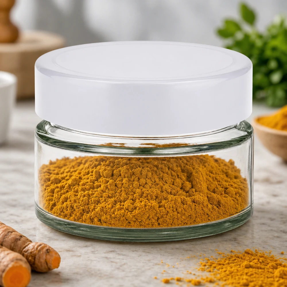 Barattolo rotondo da 130 ml con coperchio BasicSeal bianco UNiTWIST Barattolo rotondo da 130 ml con coperchio BasicSeal riempito di polvere di curcuma gialla - conservazione delle spezie in barattolo di vetro