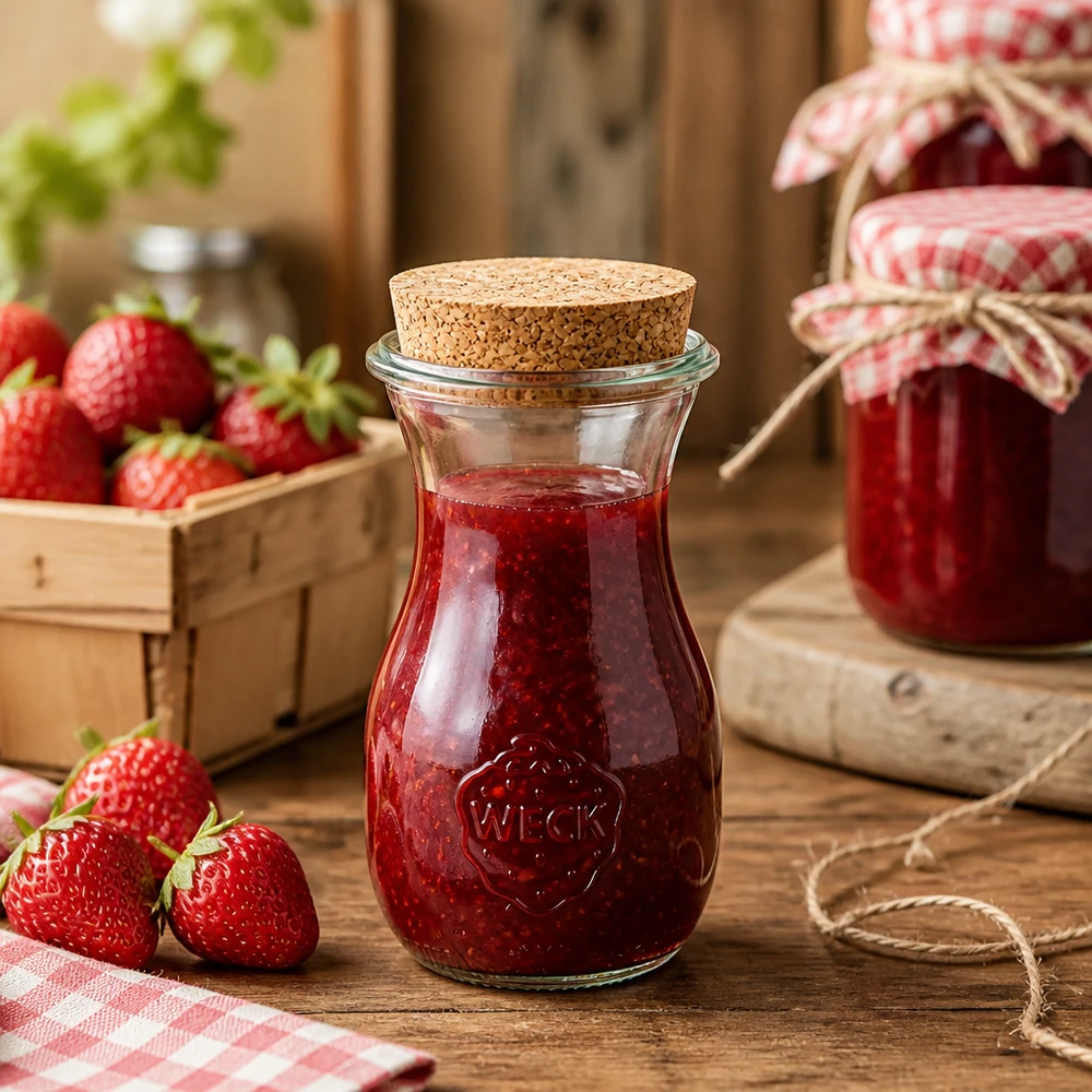 Bottiglia di succo WECK da 290 ml con tappo di sughero riempita di marmellata di fragole in cucina rustica con fragole fresche