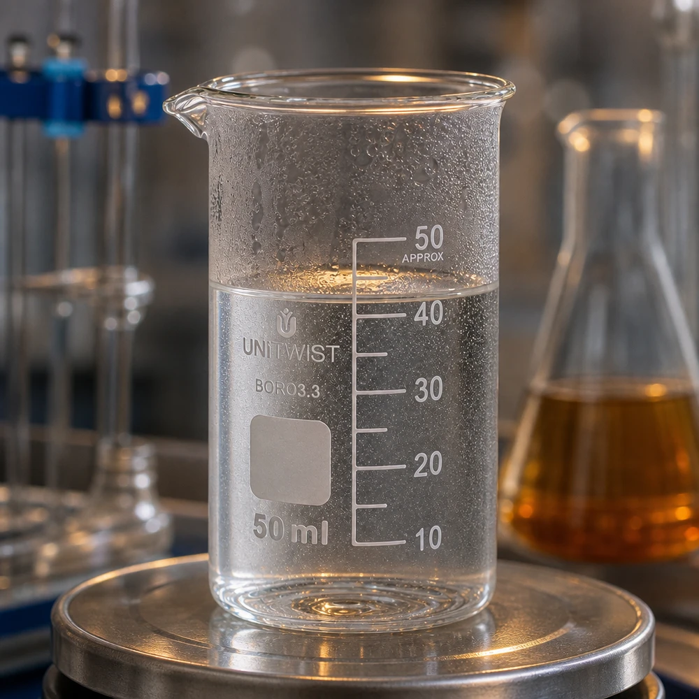 UNITWIST Boccetta di vetro da 50 ml, forma alta, in borosilicato, su bilancia da laboratorio, con condensa all'esterno