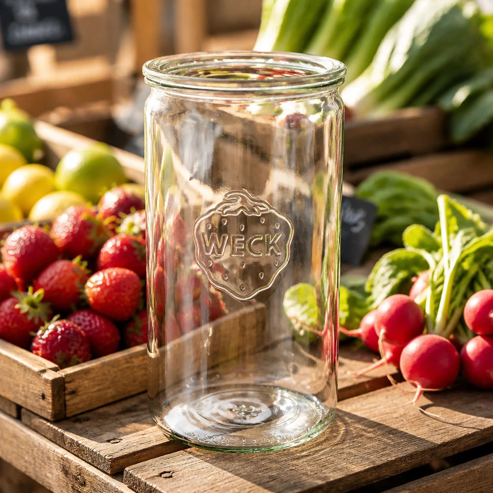 Vaso cilindrico WECK 1590ml RR100 su cassa di legno con ravanelli freschi fragole e verdure in un ambiente naturale