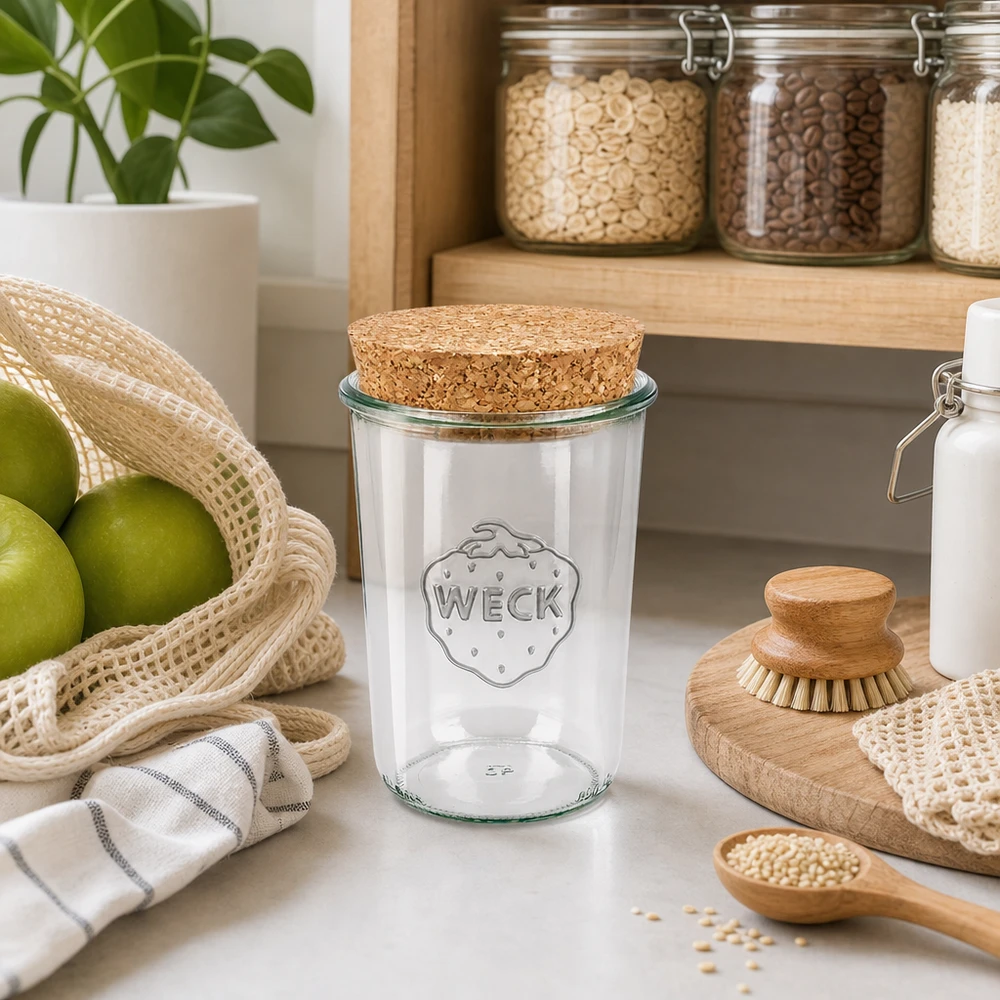 Bicchieri da 850 ml WECK RR100 con tappo in sughero naturale Bicchieri WECK 850ml RR100 con coperchio in sughero nella cucina sostenibile accanto a barattoli per la frutta e utensili in legno