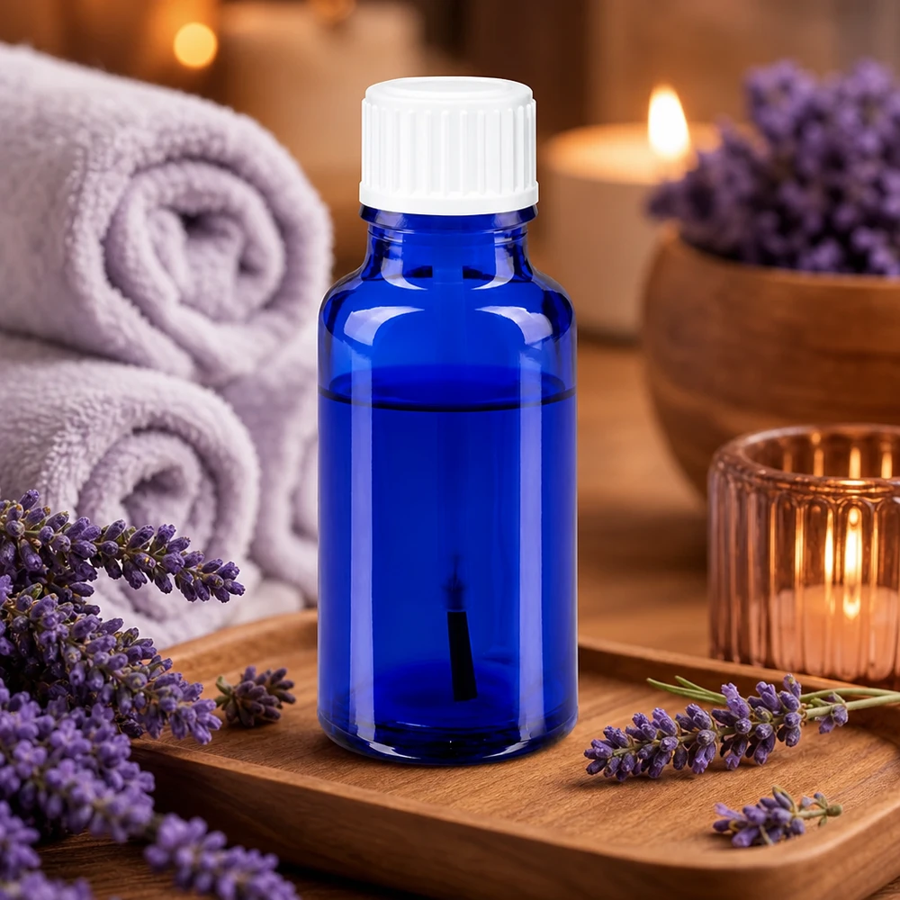 Flacone di vetro blu da 20 ml con tappo bianco, su vassoio di legno con decorazione alla lavanda