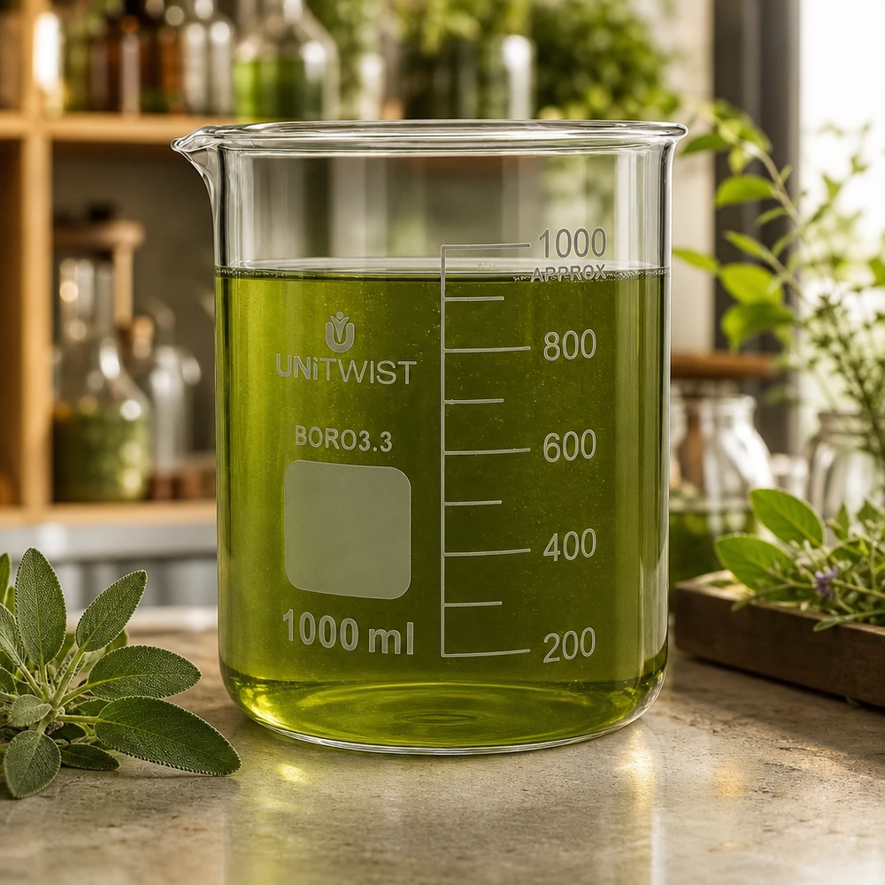 Bicchiere da 1000 ml in borosilicato, stampo basso UNiTWIST Bicchiere da laboratorio UNiTWIST da 1000 ml in borosilicato, di forma bassa, con estratto di erbe verde circondato da erbe fresche