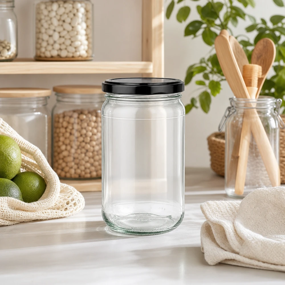 Barattolo rotondo da 305 ml con coperchio BasicSeal nero UNiTWIST 305ml Rundglas UNiTWIST mit schwarzem Deckel in moderner Zero-Waste Küche neben Holzutensilien und Limetten