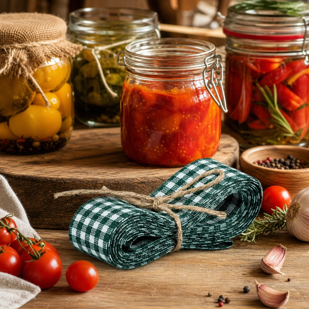 Nastro decorativo verde e bianco di 300 cm in una cucina rustica con barattoli di conserva e pomodori freschi come ispirazione decorativa