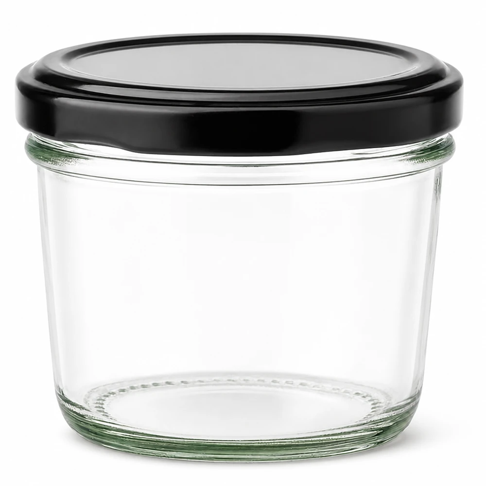 Bicchieri da 230 ml con coperchio BasicSeal nero UNiTWIST. Vasetto da 230 ml con coperchio nero BasicSeal in vetro trasparente per marmellate e conserve