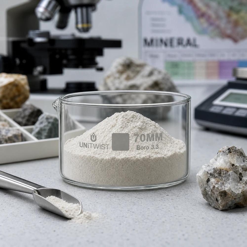 Piatto per cristallizzazione ø70mm in vetro borosilicato UNiTWIST Vaschetta di cristallizzazione da 70 mm UNiTWIST Boro 3.3 con polvere minerale bianca nel laboratorio di geologia