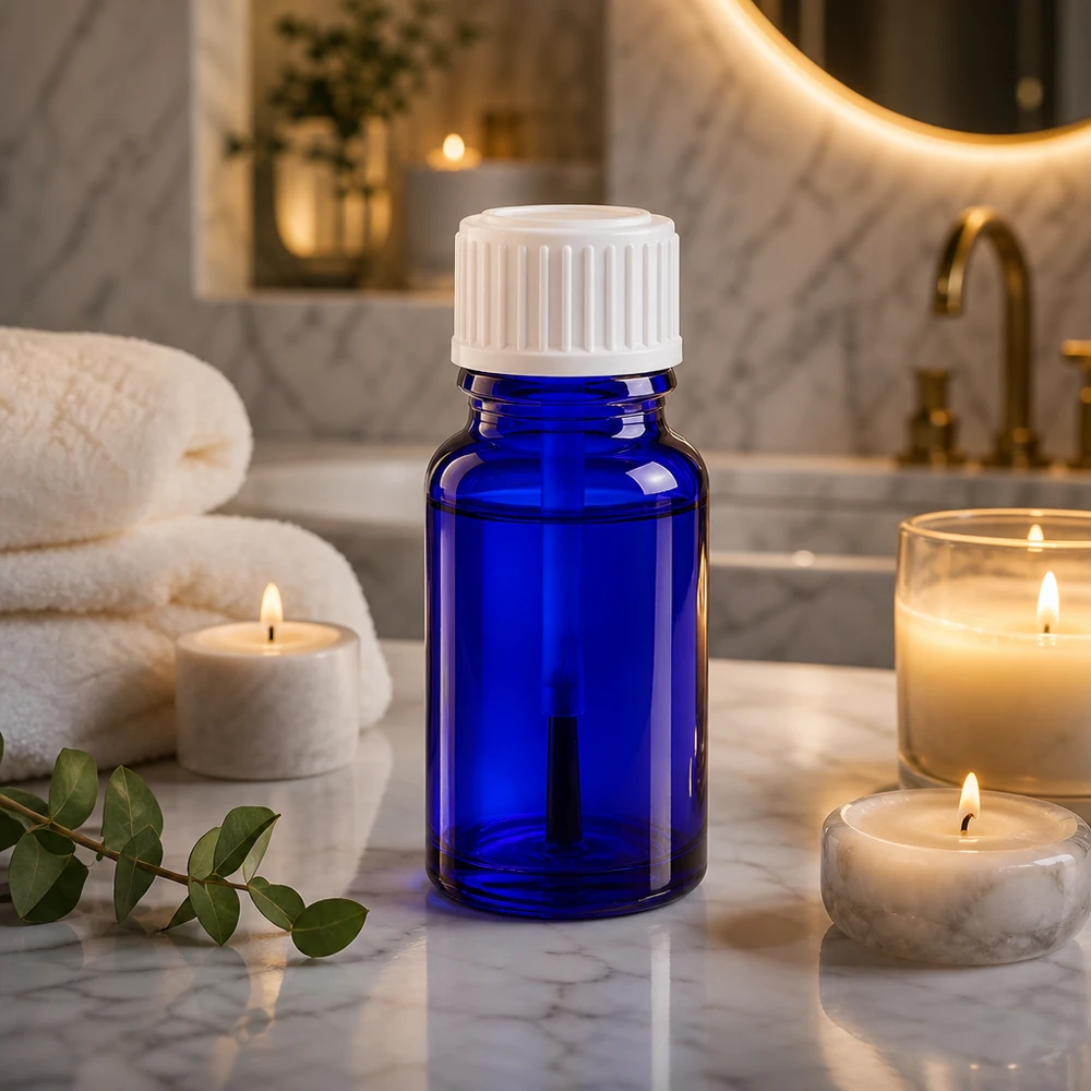 Bottiglia per pennelli 10ml blu STD bianco ApoGlas Flacone ApoGlas blu da 10 ml con beccuccio a pennello bianco su una superficie di marmo, accanto a candele e asciugamani