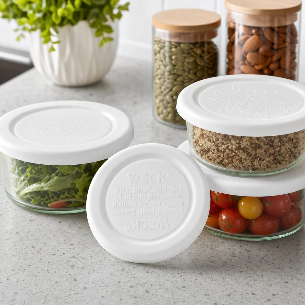 Coperchio WECK RR40 keep-fresh per ciotole in vetro con quinoa, pomodori e insalata - versatile per la cucina