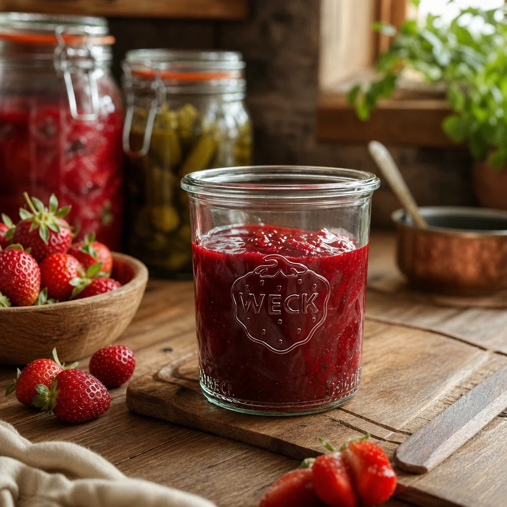 Vasetto WECK 160ml RR60 pieno di marmellata di fragole su un tavolo di legno con fragole fresche e vasetti di conservazione