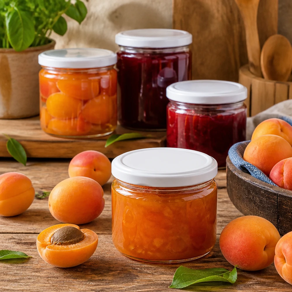 Barattolo rotondo da 540 ml con coperchio BasicSeal bianco UNiTWIST Barattolo rotondo BasicSeal bianco da 540 ml riempito con marmellata di albicocche - pratico barattolo per marmellate e conserve