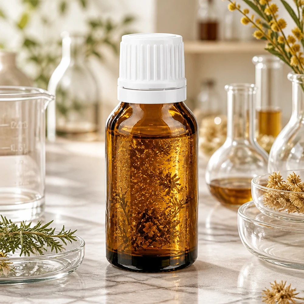 Flacone per medicinali in vetro ambrato da 15 ml con tappo a vite bianco, tra matracci da laboratorio ed erbe medicinali