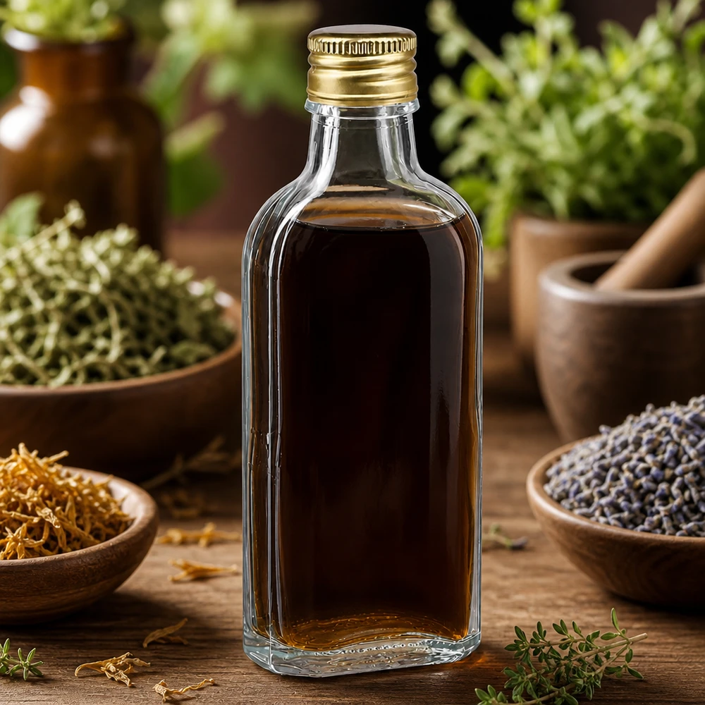 100 ml Meplat trasparente con tappo in alluminio oro PP22 Flacone trasparente Meplat da 100 ml con tappo dorato PP22, circondato da erbe aromatiche e lavanda