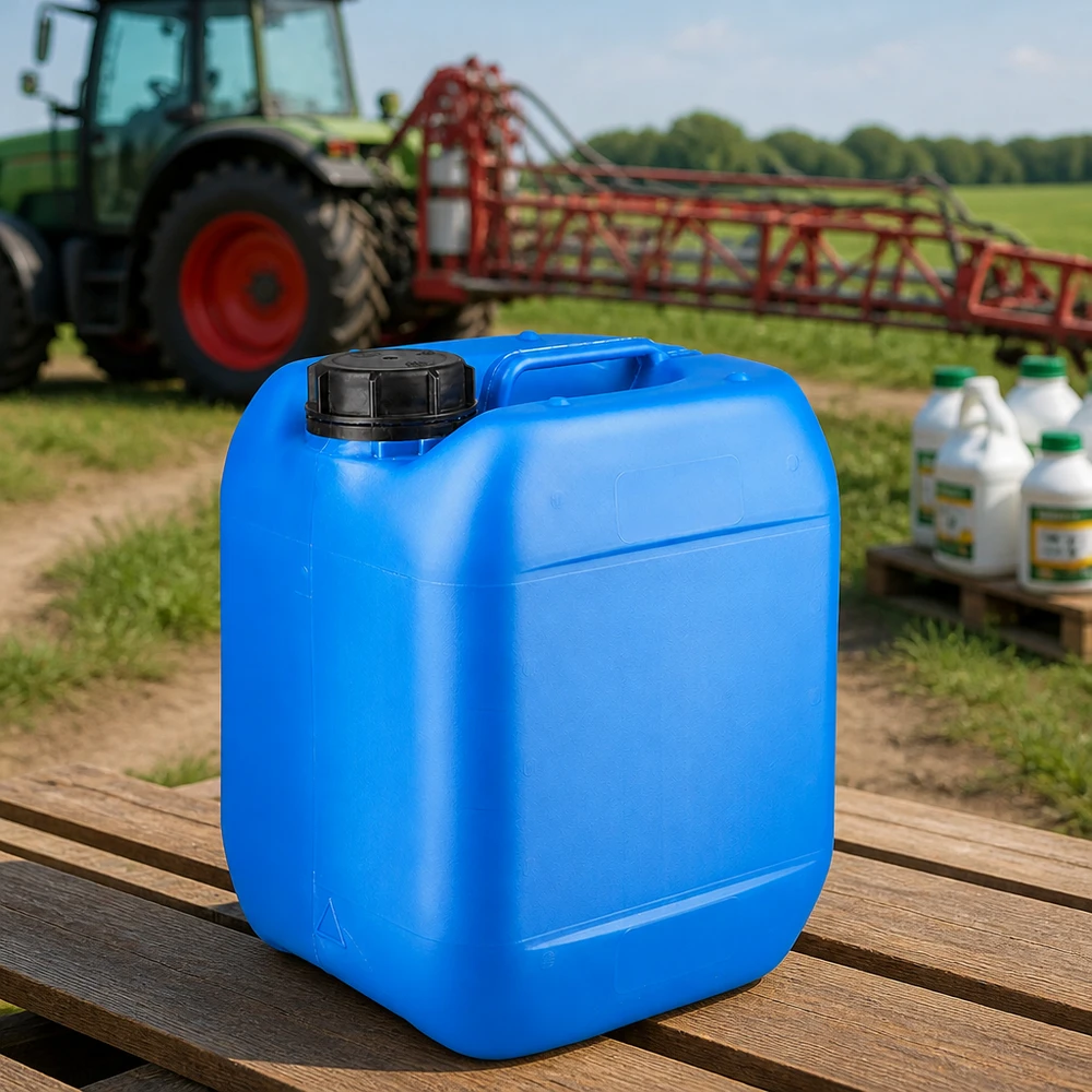 Tanica 5 litri blu con tappo a vite OV Tanica blu da 5 litri con tappo a vite OV su pallet di legno accanto ai prodotti fitosanitari