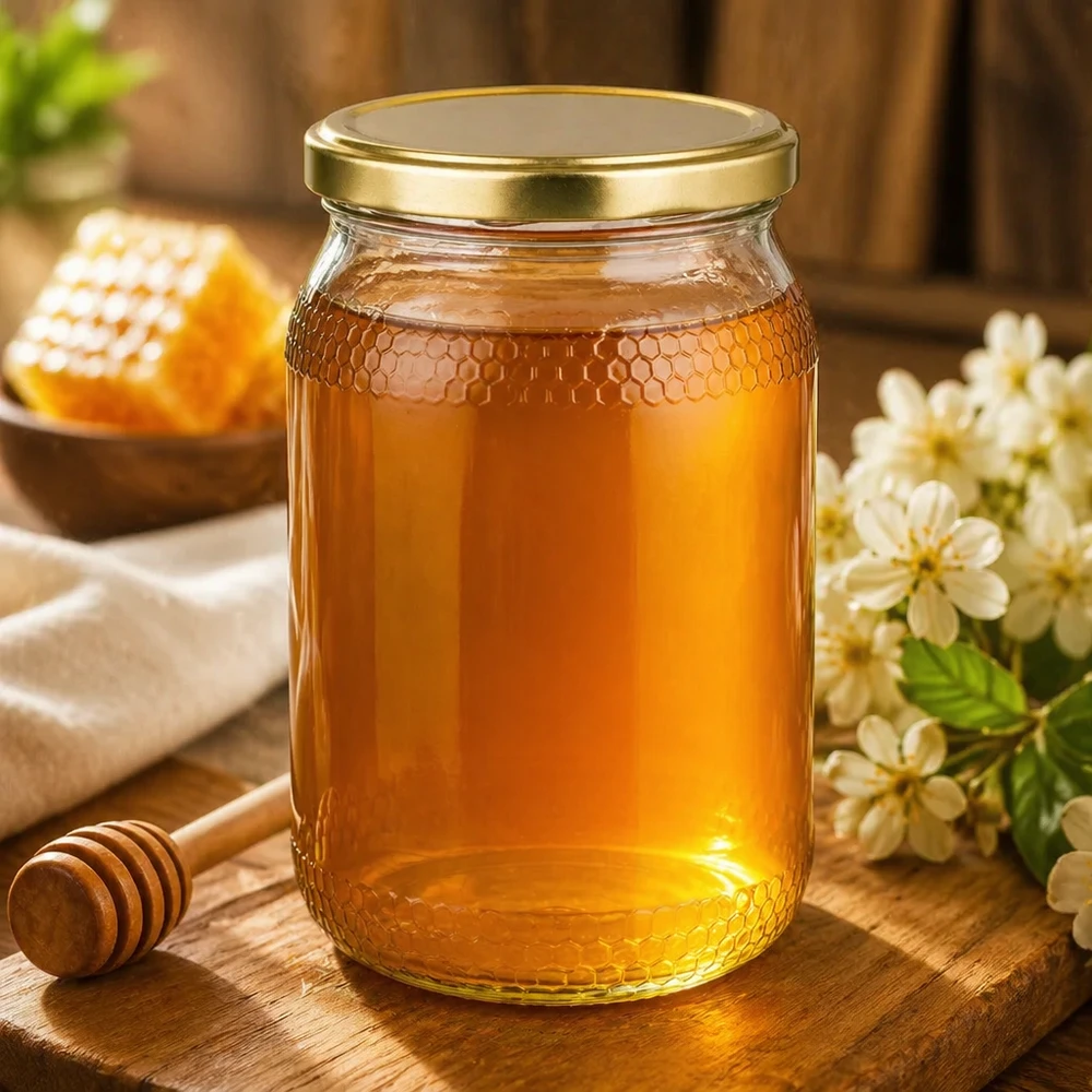 Vasetto per miele da 1260 g con capsula dorata BasicSeal UNiTWIST Vasetto da 900 ml pieno di miele con coperchio dorato UNiTWIST in un ambiente naturale con fiori e nidi d'ape