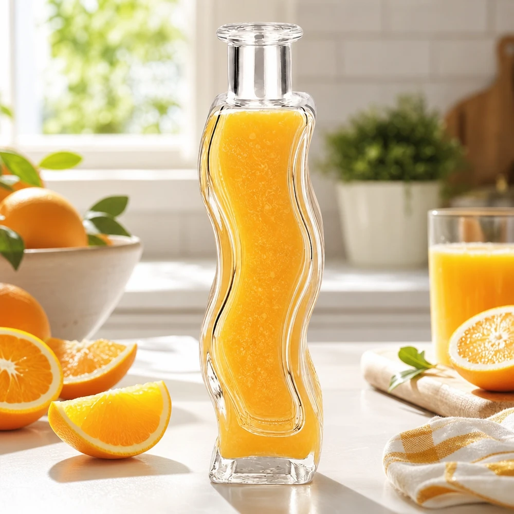 Flacone in vetro da 100 ml Melissa senza tappo UNiTWIST® Bottiglia di vetro da 100 ml di Melissa riempita di succo d'arancia in una cucina chiara, circondata da arance e agrumi freschi.