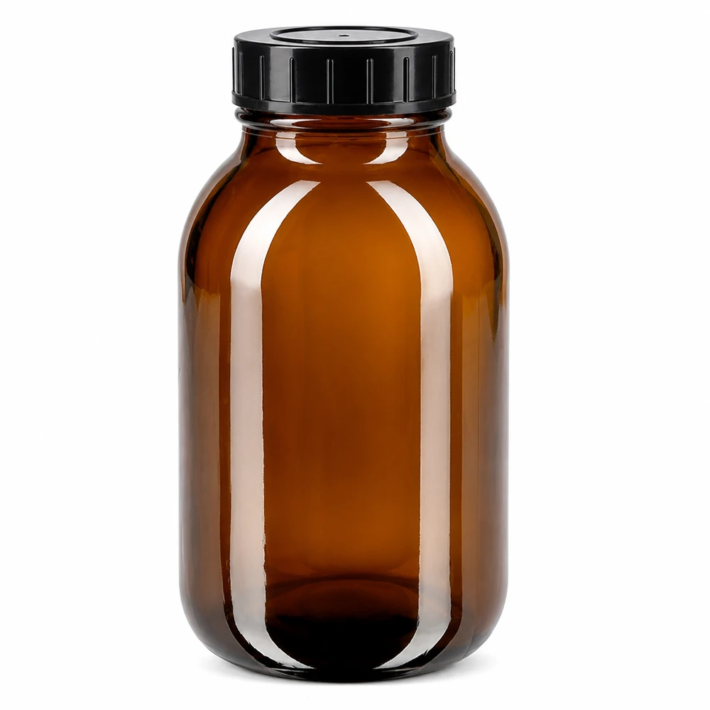 Bottiglia a collo largo da 500ml in vetro ambrato con tappo a vite Bottiglia a collo largo da 500 ml in vetro ambrato con tappo a vite nero per una conservazione ottimale