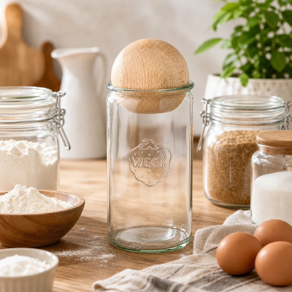 Barattolo cilindrico WECK 1590ml RR100 con sfera in legno di faggio in cucina per panetteria con farina, uova e ingredienti da forno