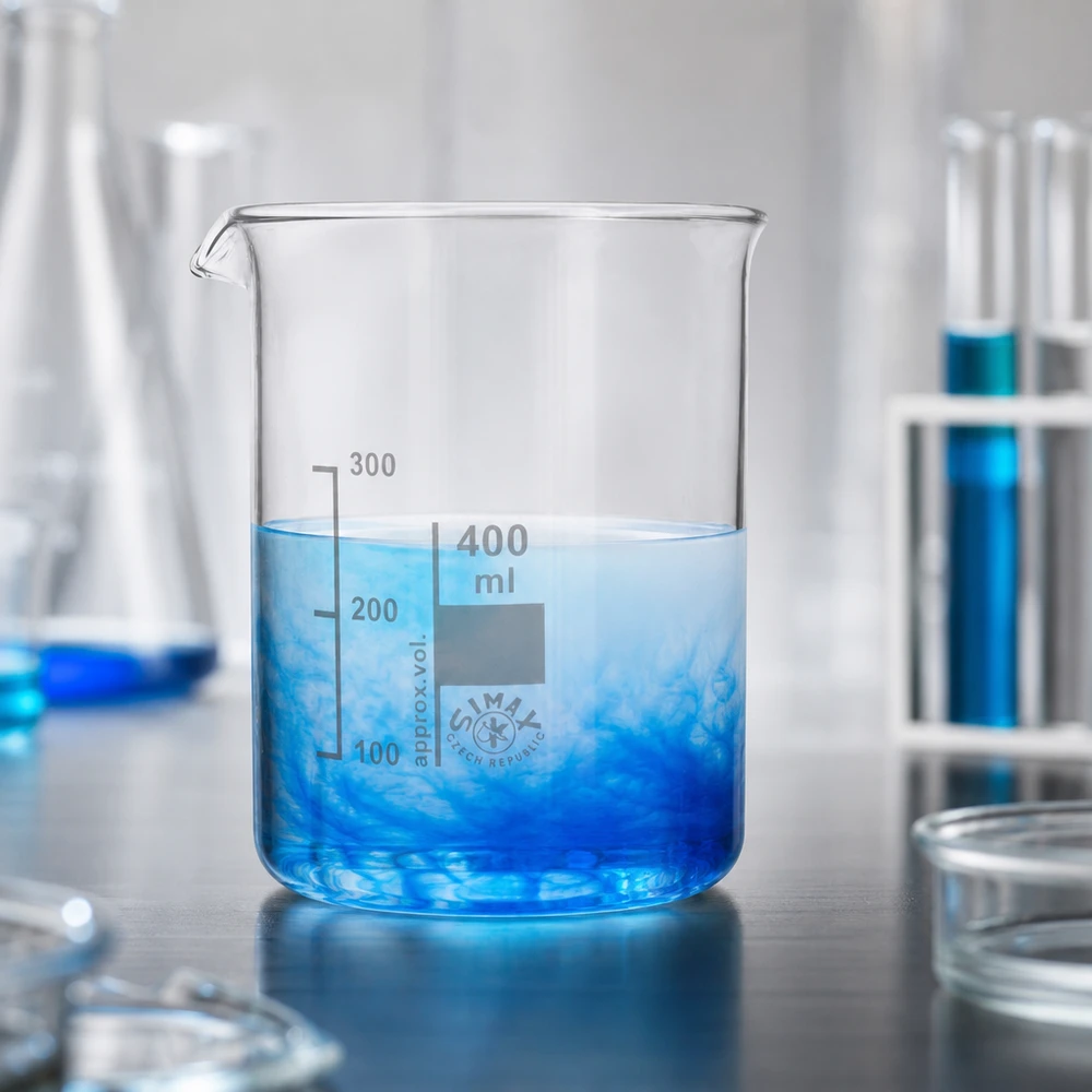 Bicchiere trasparente da 400 ml con liquido blu e graduazioni in millilitri ben visibili