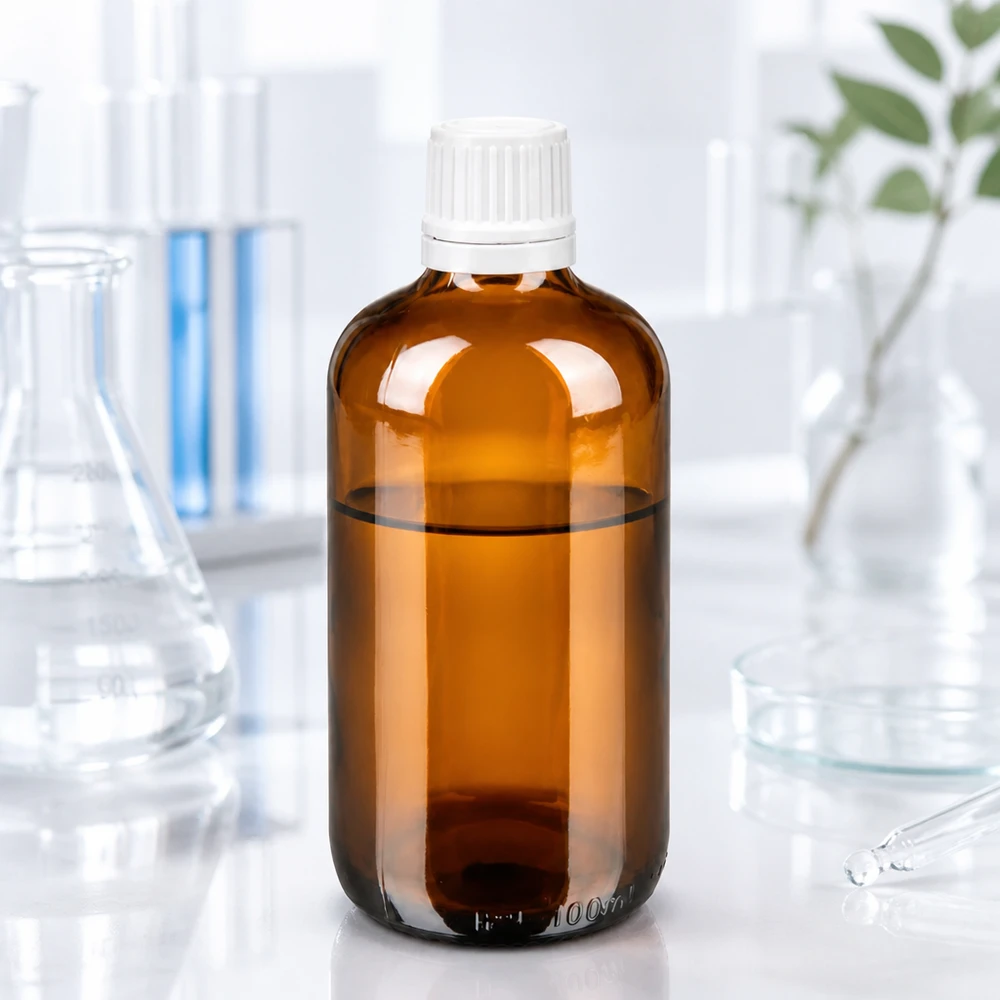 Flacone da farmacia da 100 ml in vetro ambrato con tappo OV bianco e contagocce da 0,7 mm in laboratorio