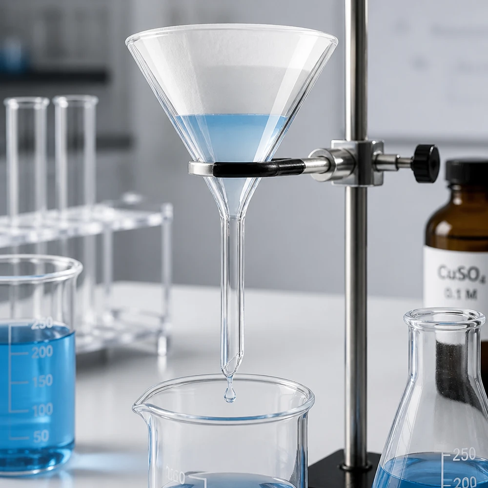 Imbuto da laboratorio in vetro soda-lime per il trasferimento preciso di liquidi con apertura di 55 mm e manico corto