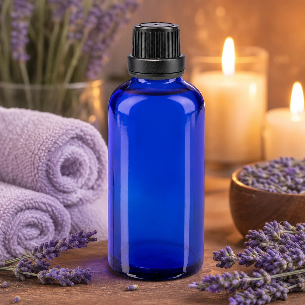 Bottiglia di vetro blu da 50 ml alla lavanda e candele in una rilassante atmosfera da spa