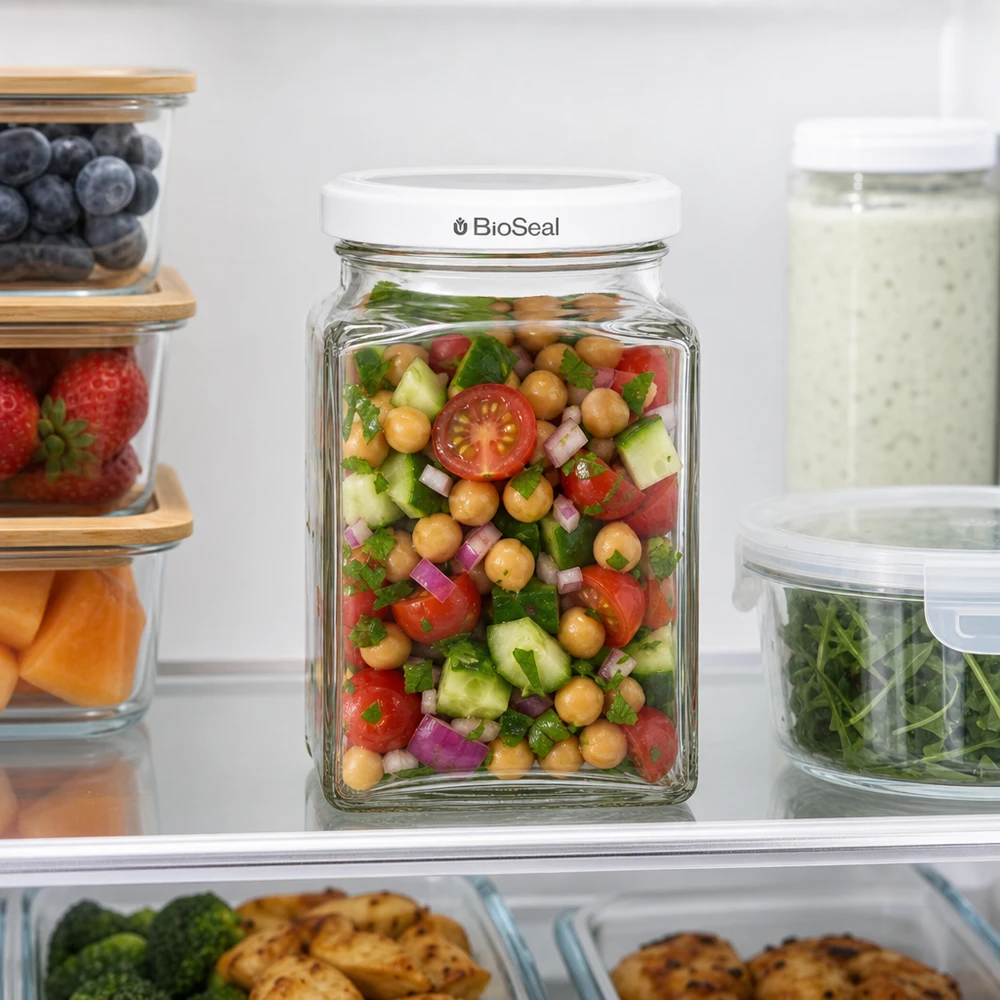 UNiTWIST Tetra260 con coperchio bianco TO58 BioSeal UNiTWIST Tetra260 Vorratsglas im Kühlschrank mit Kichererbsensalat weißer TO58 BioSeal Deckel frische Aufbewahrung