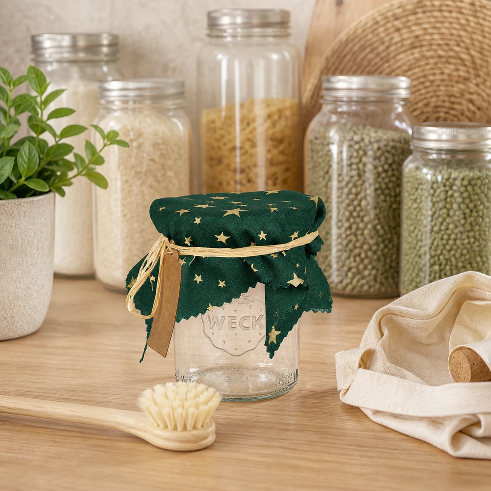 Coperchio decorativo verde a forma di stella di 15 cm tra barattoli e utensili da cucina, coperchio decorativo in vetro in stile rustico