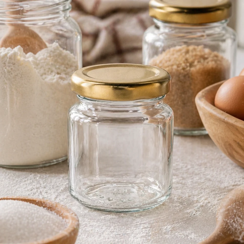 Barattolo rotondo UNiTWIST da 53 ml con coperchio dorato, da utilizzare in cucina accanto alla farina e agli ingredienti da forno come barattolo di stoccaggio.