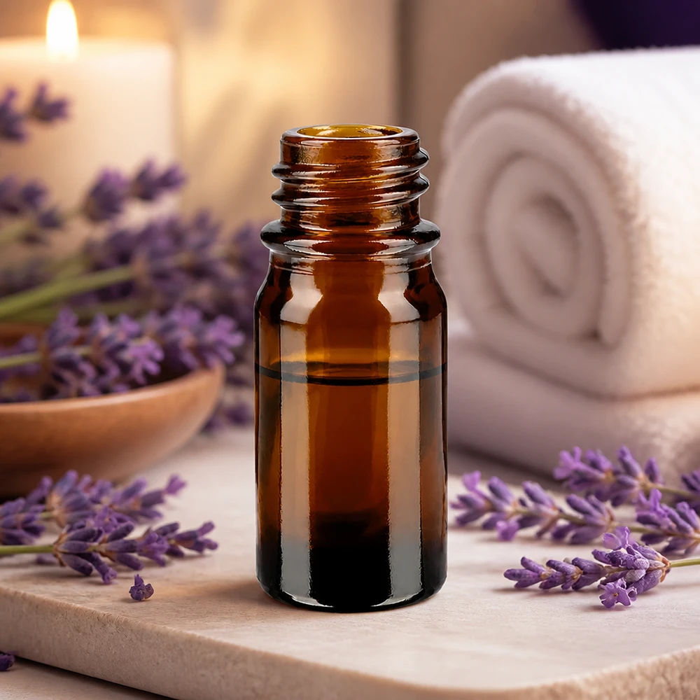 Bottiglia da farmacia marrone ApoGlas da 5 ml con lavanda e accessori per l'aromaterapia e gli oli essenziali.