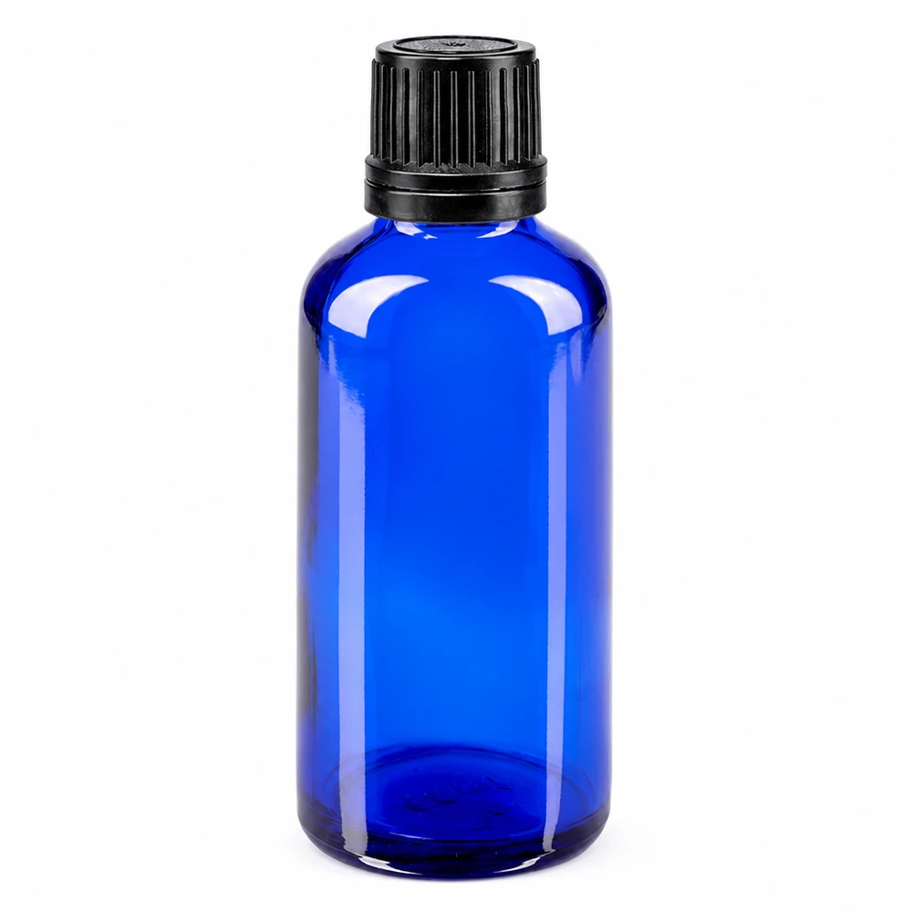 Flacone 50ml blu (Glo.)GR OV nero/8mm ApoGlas Flacone da farmacia in vetro blu da 50 ml con tappo originale nero da 8 mm per prodotti farmaceutici e cosmetici