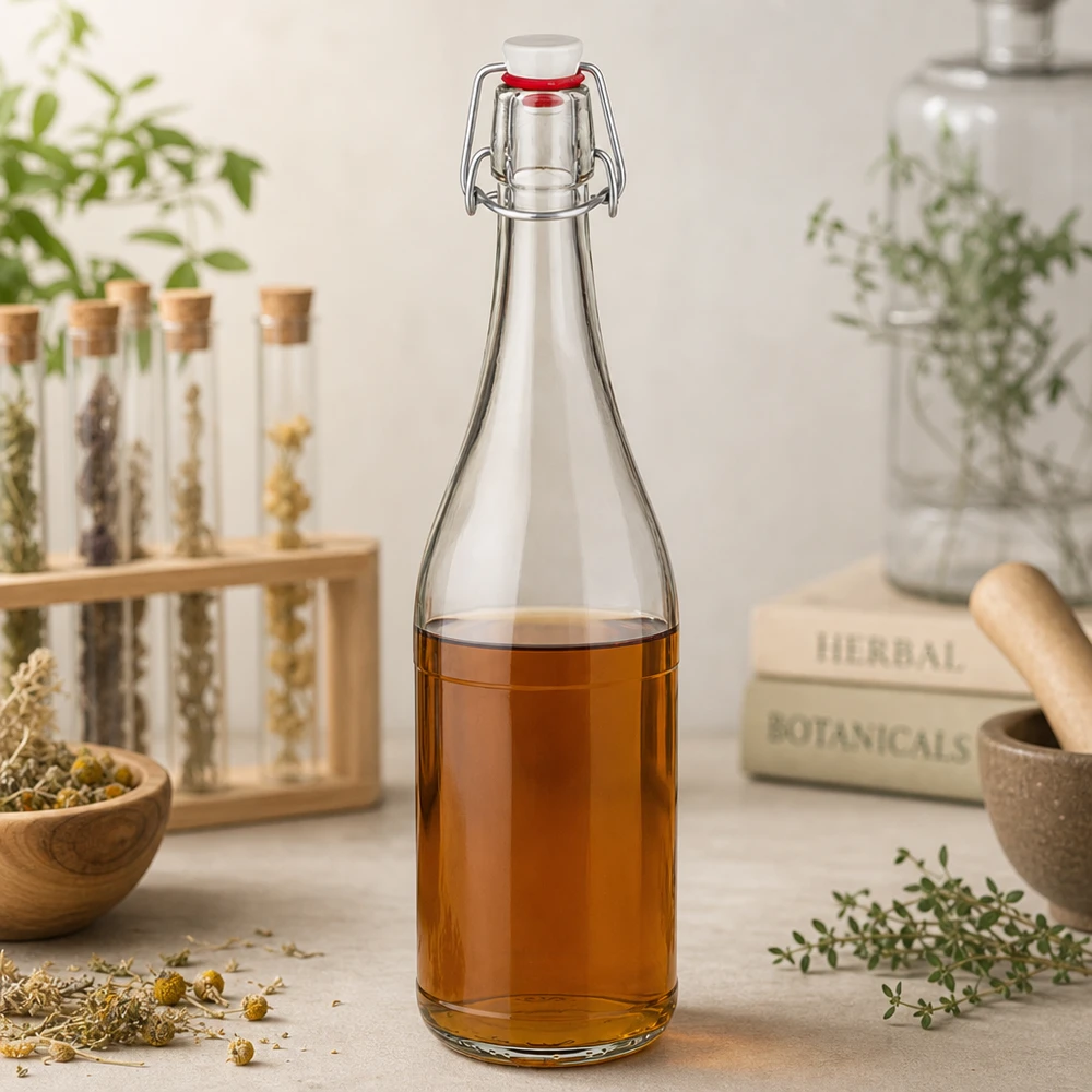 Bottiglia di vetro da 750 ml con tappo oscillante riempita di tisane erbe medicinali botaniche ingredienti naturali