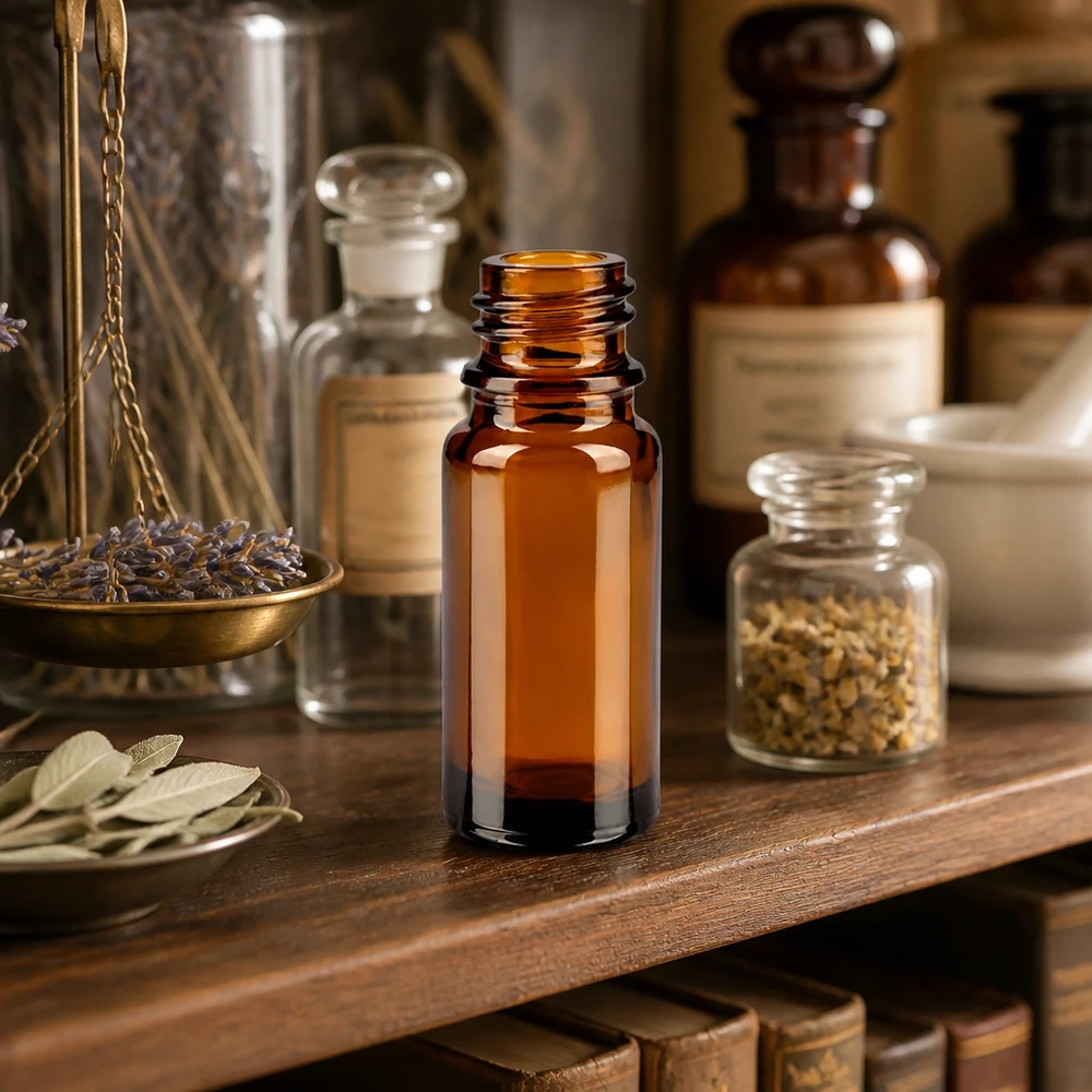 Bottiglia da farmacia marrone ApoGlas da 10 ml con bilancia da farmacia vintage ed erbe medicinali su un ripiano in legno