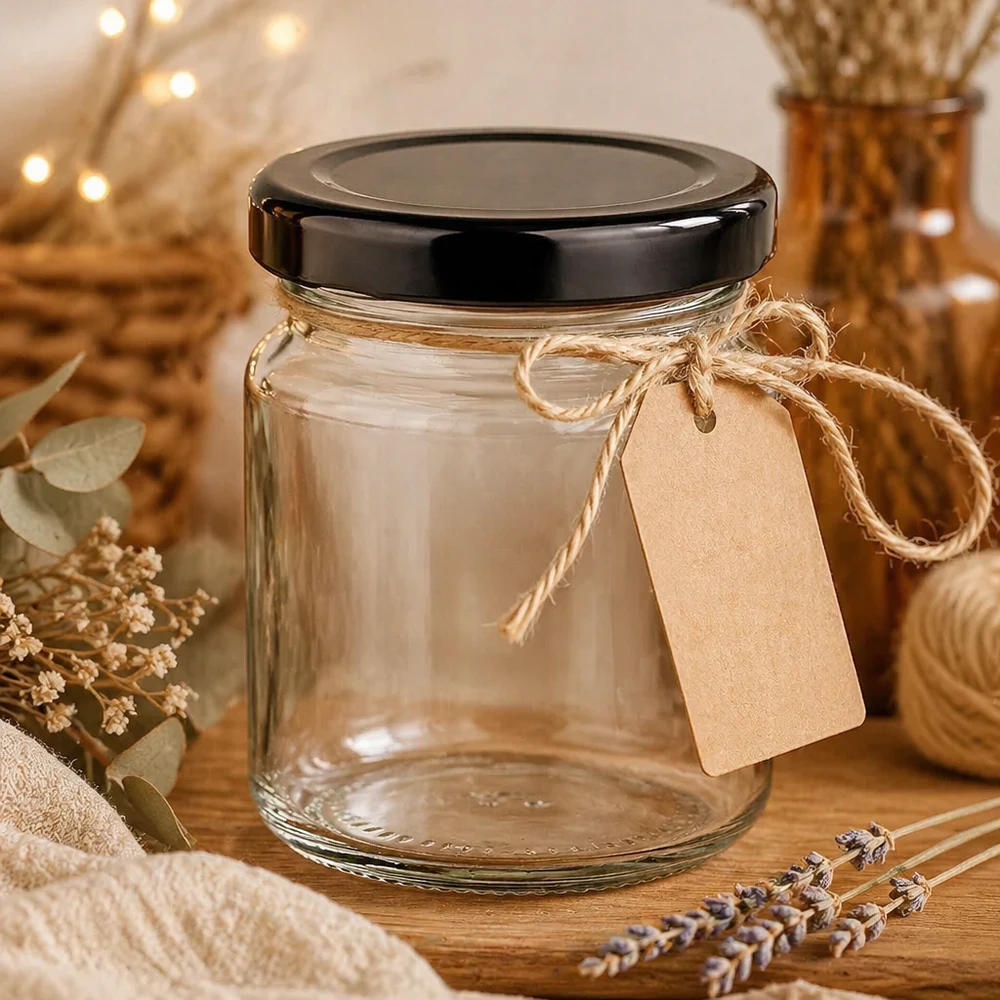 Barattolo rotondo da 53 ml con coperchio BasicSeal nero UNiTWIST. 53ml Rundglas mit schwarzem Deckel leeres Einmachglas mit Kraftpapier-Etikett rustikale Geschenkverpackung Dekoration