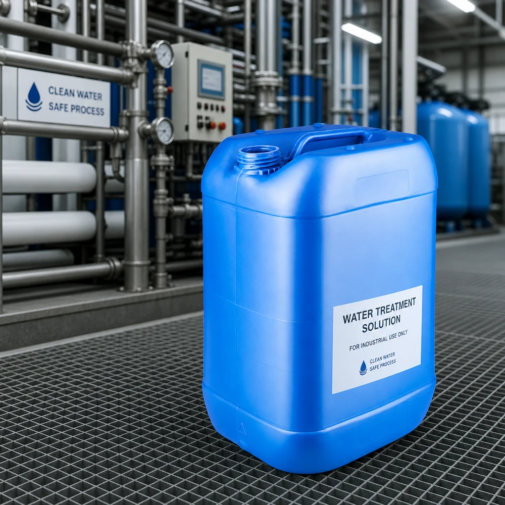 Tanica 25 litri blu senza tappo Tanica blu da 25 litri senza tappo in un impianto di trattamento delle acque per prodotti chimici industriali