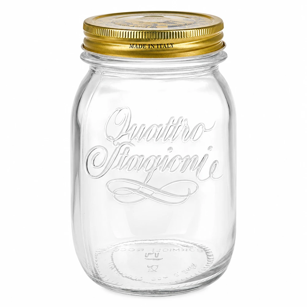 Barattolo rotondo Quattro Stagioni da 500 ml con coperchio a vite dorato Made in Italy Barattolo per conserve Barattolo per stoccaggio trasparente