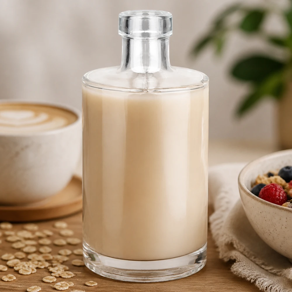 Bottiglia in vetro da 350 ml Marie senza tappo UNiTWIST® Bottiglia di vetro da 350 ml Marie riempita di latte d'avena cremoso accanto a tazza da caffè e ciotola per cereali Lifestyle Image 3 of 10